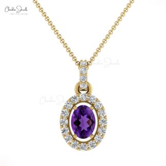 Natural Amethyst Halo Pendant In 14k Solid Gold Small Diamond Necklace For Mom
