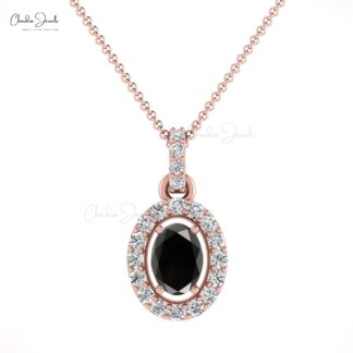 Oval Cut Wedding Charm In 14k Solid Gold Black Diamond And G-H Diamond Halo Pendant