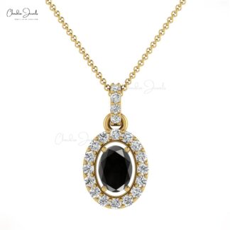 Oval Cut Wedding Charm In 14k Solid Gold Black Diamond And G-H Diamond Halo Pendant