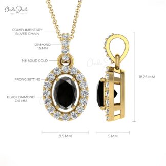 Oval Cut Wedding Charm In 14k Solid Gold Black Diamond And G-H Diamond Halo Pendant