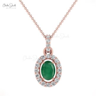 Oval Shaped Emerald Pendant With Diamond Halo 14k Real Gold Necklace