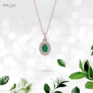 Oval Shaped Emerald Pendant With Diamond Halo 14k Real Gold Necklace