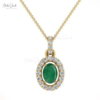 Oval Shaped Emerald Pendant With Diamond Halo 14k Real Gold Necklace