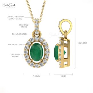 Oval Shaped Emerald Pendant With Diamond Halo 14k Real Gold Necklace