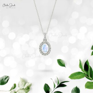 Natural Rainbow Moonstone 0.75 Carat 14k Solid Gold Diamond Pendant