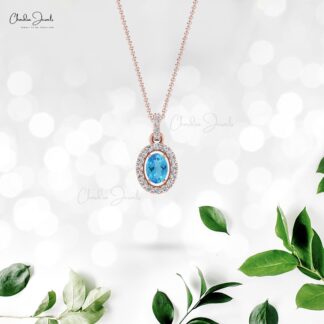 Oval Cut Halo Pendant in 14k Gold Swiss Blue Topaz 7x5mm Gemstone Diamond Necklace