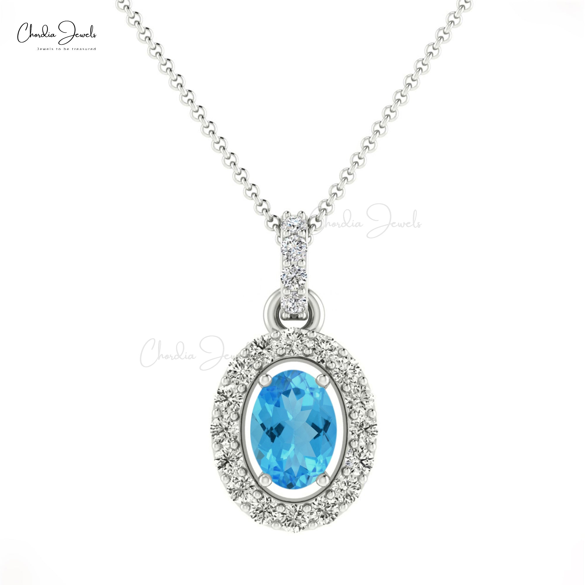 Oval Cut Halo Pendant in 14k Gold Swiss Blue Topaz 7x5mm Gemstone Diamond Necklace