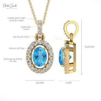 Oval Cut Halo Pendant in 14k Gold Swiss Blue Topaz 7x5mm Gemstone Diamond Necklace