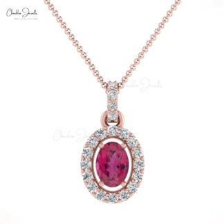 Natural Pink Tourmaline 7x5mm Gemstone and Halo Diamond 14k Real Gold Pendant