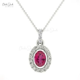 Natural Pink Tourmaline 7x5mm Gemstone and Halo Diamond 14k Real Gold Pendant