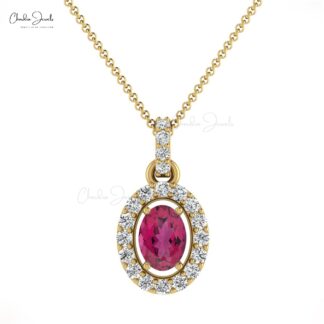 Natural Pink Tourmaline 7x5mm Gemstone and Halo Diamond 14k Real Gold Pendant