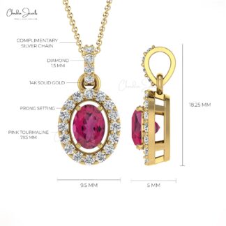 Natural Pink Tourmaline 7x5mm Gemstone and Halo Diamond 14k Real Gold Pendant