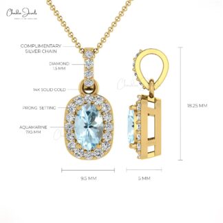 Oval Cut 7x5mm Aquamarine Pendant in 14k Solid Gold