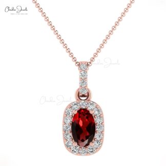 Prong set natural oval cut garnet diamond halo oval pendant