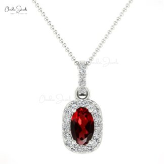 Prong set natural oval cut garnet diamond halo oval pendant