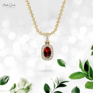 Prong set natural oval cut garnet diamond halo oval pendant
