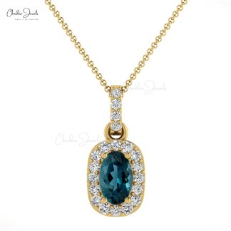 Genuine London Blue Topaz Halo 14k Gold Pendant With 7x5mm Gemstone And Diamond Jewelry