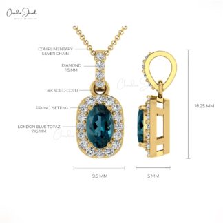 Genuine London Blue Topaz Halo 14k Gold Pendant With 7x5mm Gemstone And Diamond Jewelry