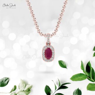 Natural 7×5 mm Sparkling Ruby & Real Diamond Halo Pendant Necklace