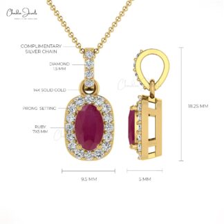 Natural 7×5 mm Sparkling Ruby & Real Diamond Halo Pendant Necklace