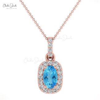Oval Halo Pendant in 14k Solid Gold With 7x5mm Swiss Blue Topaz And Diamond Necklace