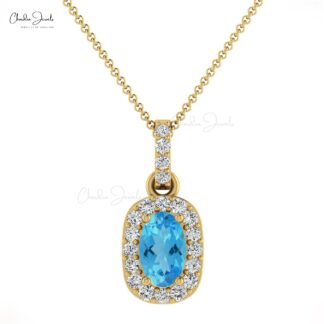 Oval Halo Pendant in 14k Solid Gold With 7x5mm Swiss Blue Topaz And Diamond Necklace