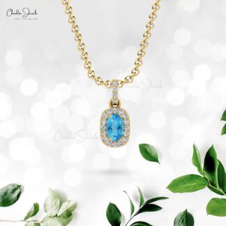Oval Halo Pendant in 14k Solid Gold With 7x5mm Swiss Blue Topaz And Diamond Necklace