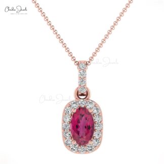 Halo Wedding Pendant in 14k Real Gold Pink Tourmaline And Diamond Unique Pendants
