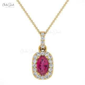 Halo Wedding Pendant in 14k Real Gold Pink Tourmaline And Diamond Unique Pendants