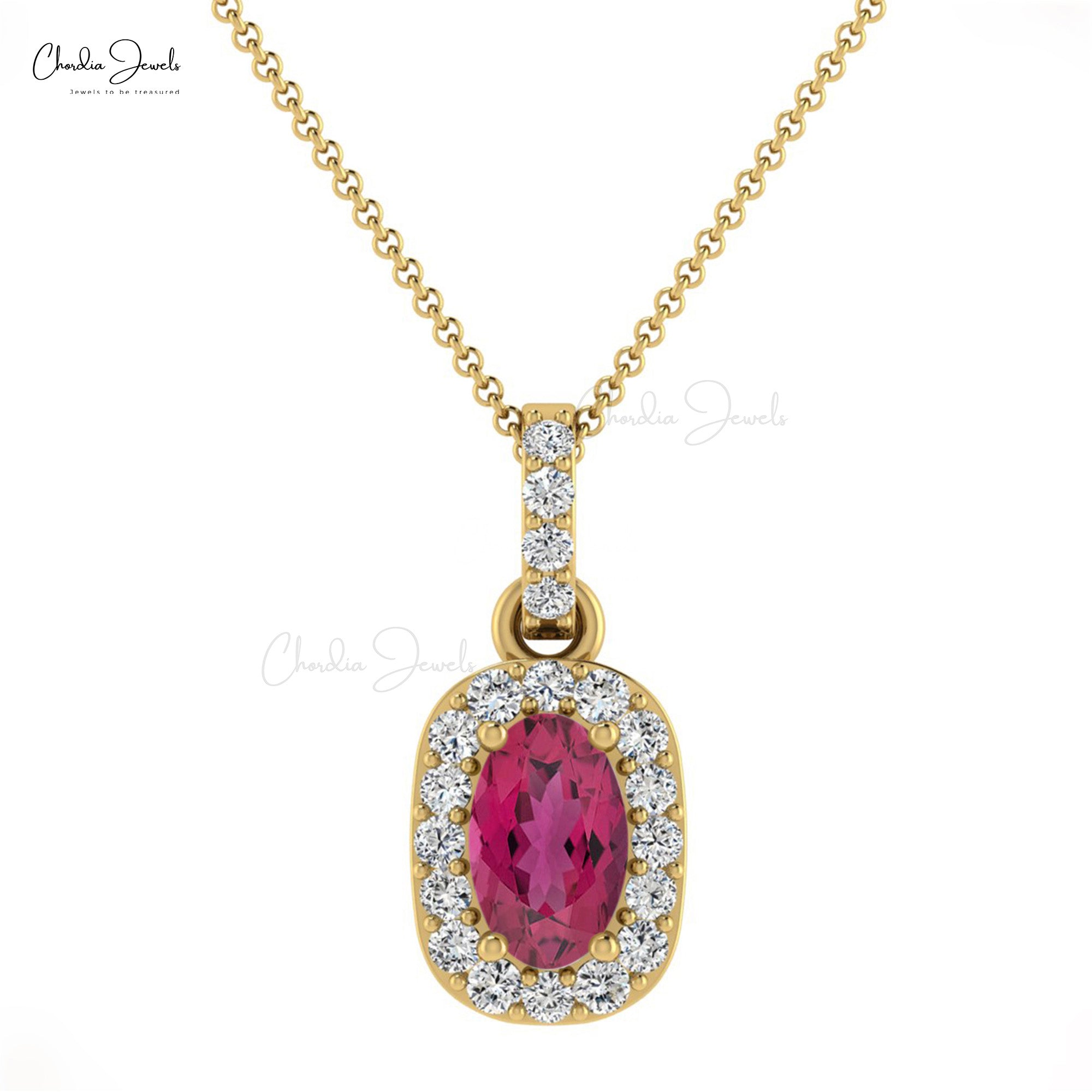 Halo Wedding Pendant in 14k Real Gold Pink Tourmaline And Diamond Unique Pendants