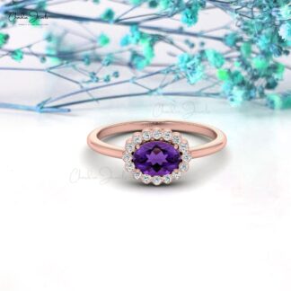 Oval Engagement Ring in 14k Solid Gold Amethyst 0.72 Ct Gemstone And Diamond Halo Ring