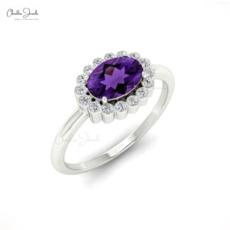 Oval Engagement Ring in 14k Solid Gold Amethyst 0.72 Ct Gemstone And Diamond Halo Ring