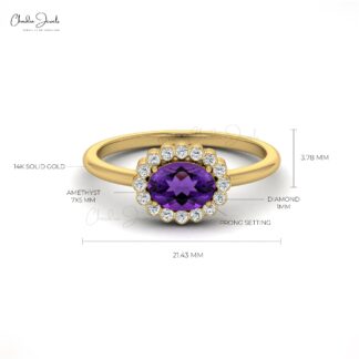 Oval Engagement Ring in 14k Solid Gold Amethyst 0.72 Ct Gemstone And Diamond Halo Ring