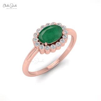 Genuine 0.72Ct Green Emerald Gemstone & Diamond Halo Ring in 14k Solid Gold