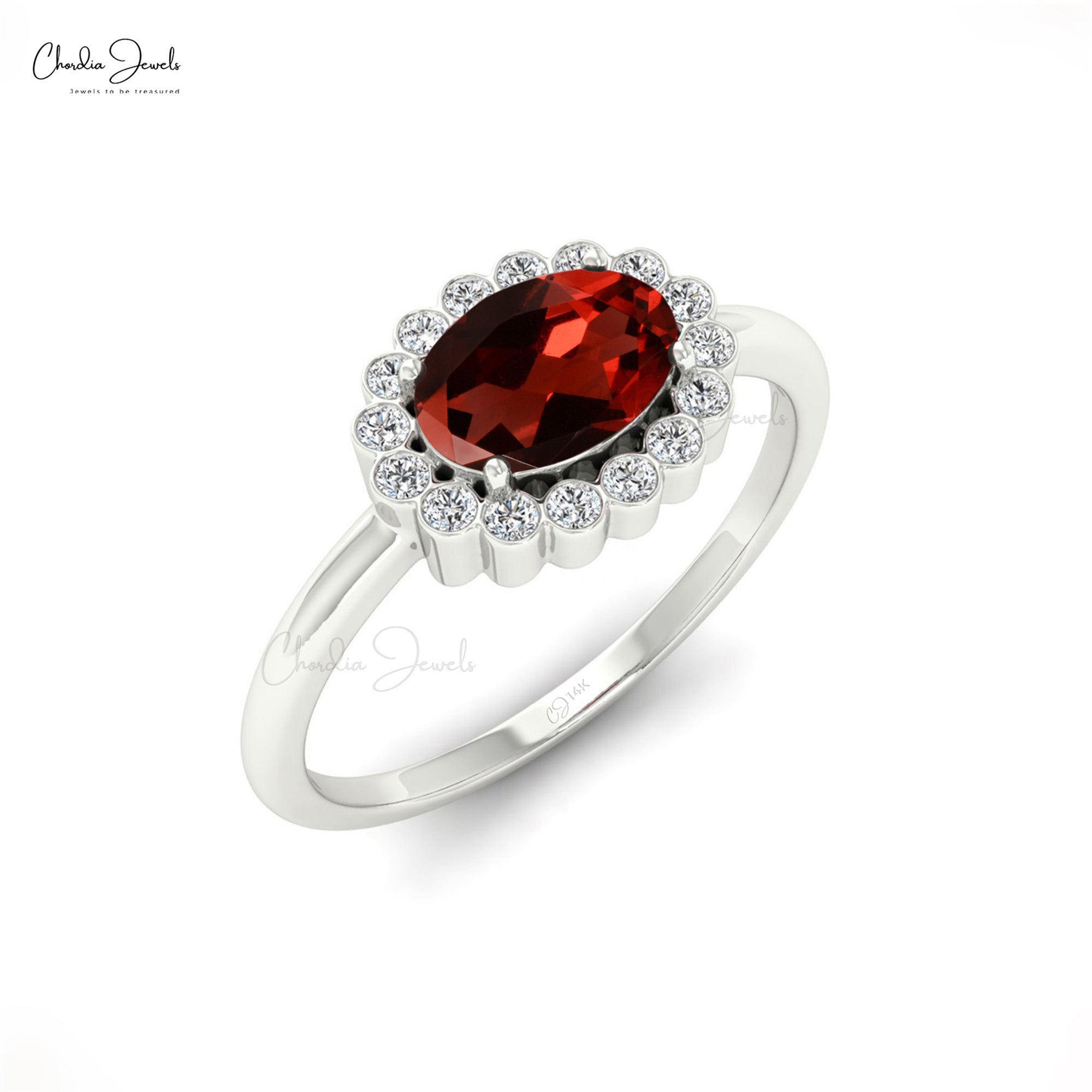 Oval Shaped 7x5mm Garnet Diamond Halo Ring for Her