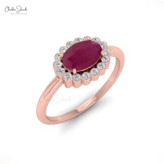 Natural Ruby 7×5 mm Oval Cut Gemstone and Diamond Ring in 14k Solid Gold