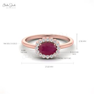 Natural Ruby 7×5 mm Oval Cut Gemstone and Diamond Ring in 14k Solid Gold