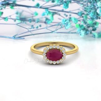 Natural Ruby 7×5 mm Oval Cut Gemstone and Diamond Ring in 14k Solid Gold