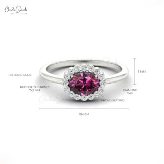 Halo Wedding Ring in 14k Gold With 7x5mm Rhodolite Garnet And Pave Diamond Ring