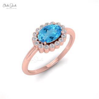 0.99 Carats Swiss Blue Topaz and Diamond Halo Ring For Anniversary in 14k Solid Gold