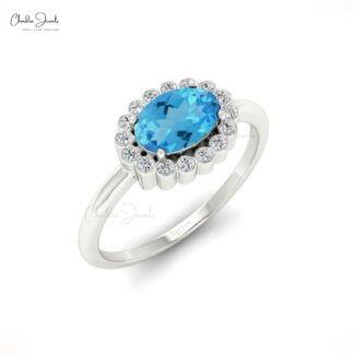 0.99 Carats Swiss Blue Topaz and Diamond Halo Ring For Anniversary in 14k Solid Gold