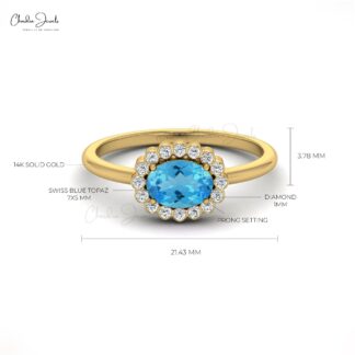 0.99 Carats Swiss Blue Topaz and Diamond Halo Ring For Anniversary in 14k Solid Gold