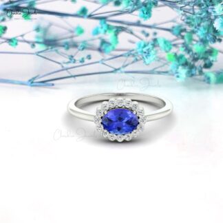 Halo Engagement Ring With 7x5mm Tanzanite And Bezel Diamond Accents In 14k Solid Gold Ring