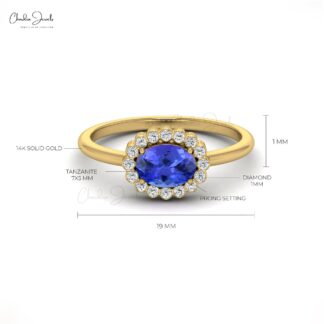 Halo Engagement Ring With 7x5mm Tanzanite And Bezel Diamond Accents In 14k Solid Gold Ring