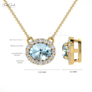 Natural Aquamarine Necklace in 14k Solid Gold Diamond Halo