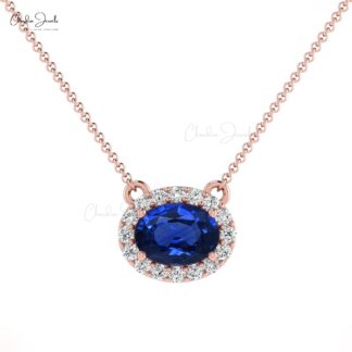 Natural 0.75cts Blue Sapphire Halo Necklace 14k Solid Gold Diamond Accents Prong Set Necklace
