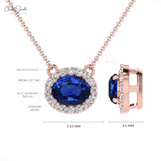 Natural 0.75cts Blue Sapphire Halo Necklace 14k Solid Gold Diamond Accents Prong Set Necklace