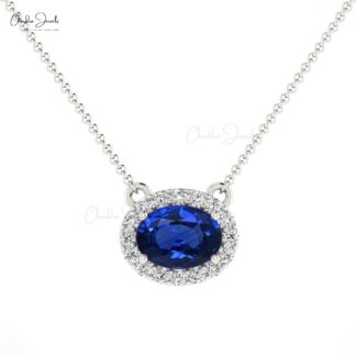 Natural 0.75cts Blue Sapphire Halo Necklace 14k Solid Gold Diamond Accents Prong Set Necklace