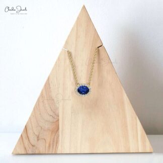 Natural 0.75cts Blue Sapphire Halo Necklace 14k Solid Gold Diamond Accents Prong Set Necklace