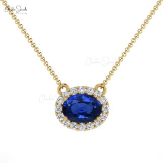 Natural 0.75cts Blue Sapphire Halo Necklace 14k Solid Gold Diamond Accents Prong Set Necklace